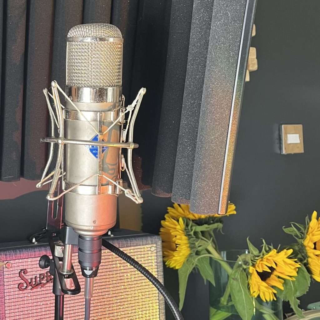 Microphone positioned in a home studio setting, surrounded by amplifiers and acoustic treatment, with sunflowers in view.